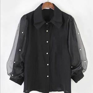 Women vintage chiffon long sleeve shirt w/ pearls